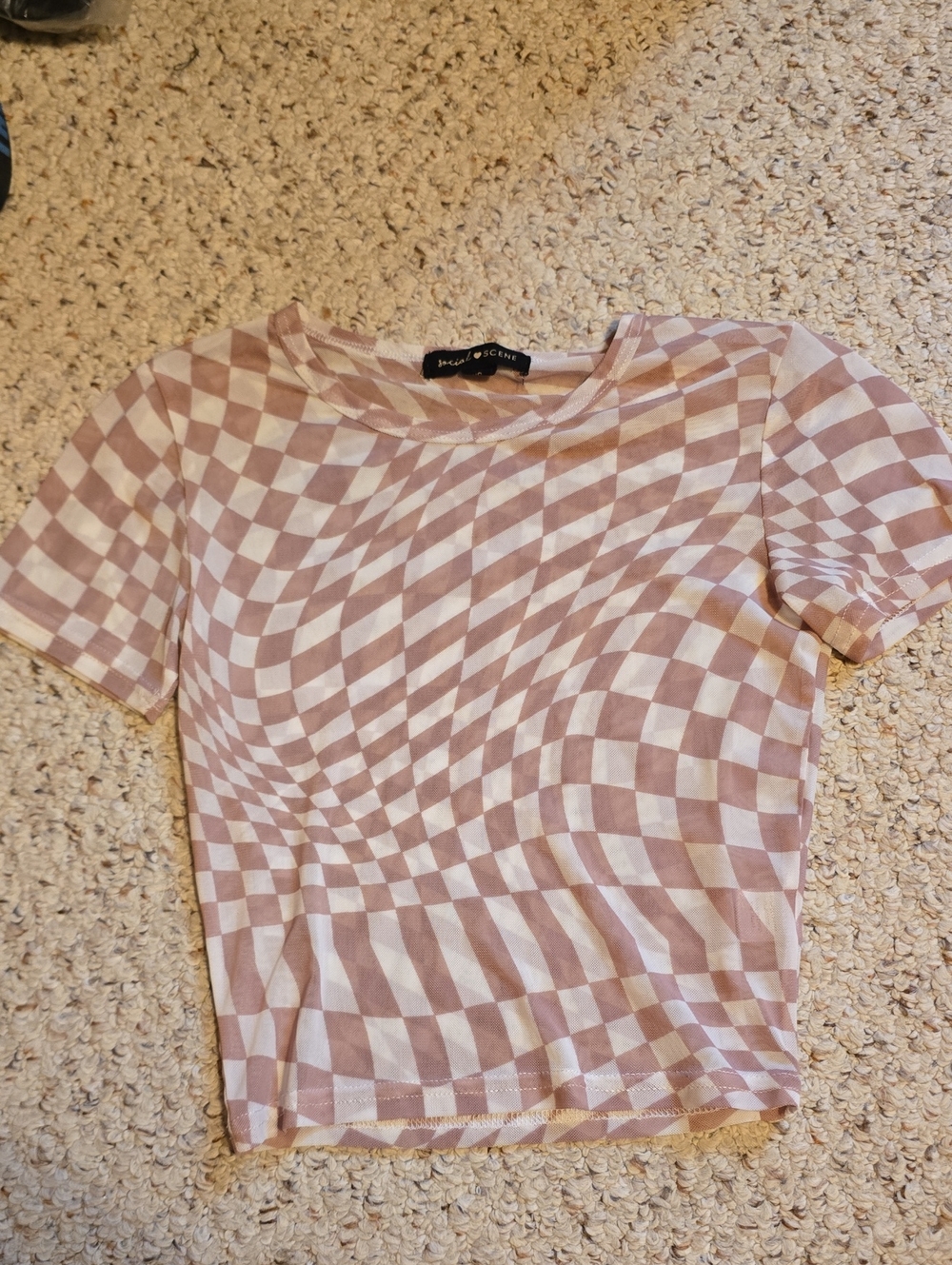 Warped Checkerboard Short Sleeve Sheer Top — Pink & White
